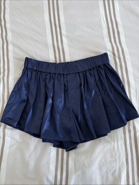 Silky Satin-Look Flowy Pleated Navy Shorts